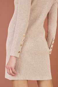 Yumi Oatmeal Rib Knit Tunic Dress With Button Cuffs And Cut Out Detail