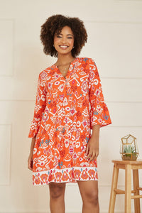 Yumi Orange Ikat Print 3/4 Sleeve Tunic Dress