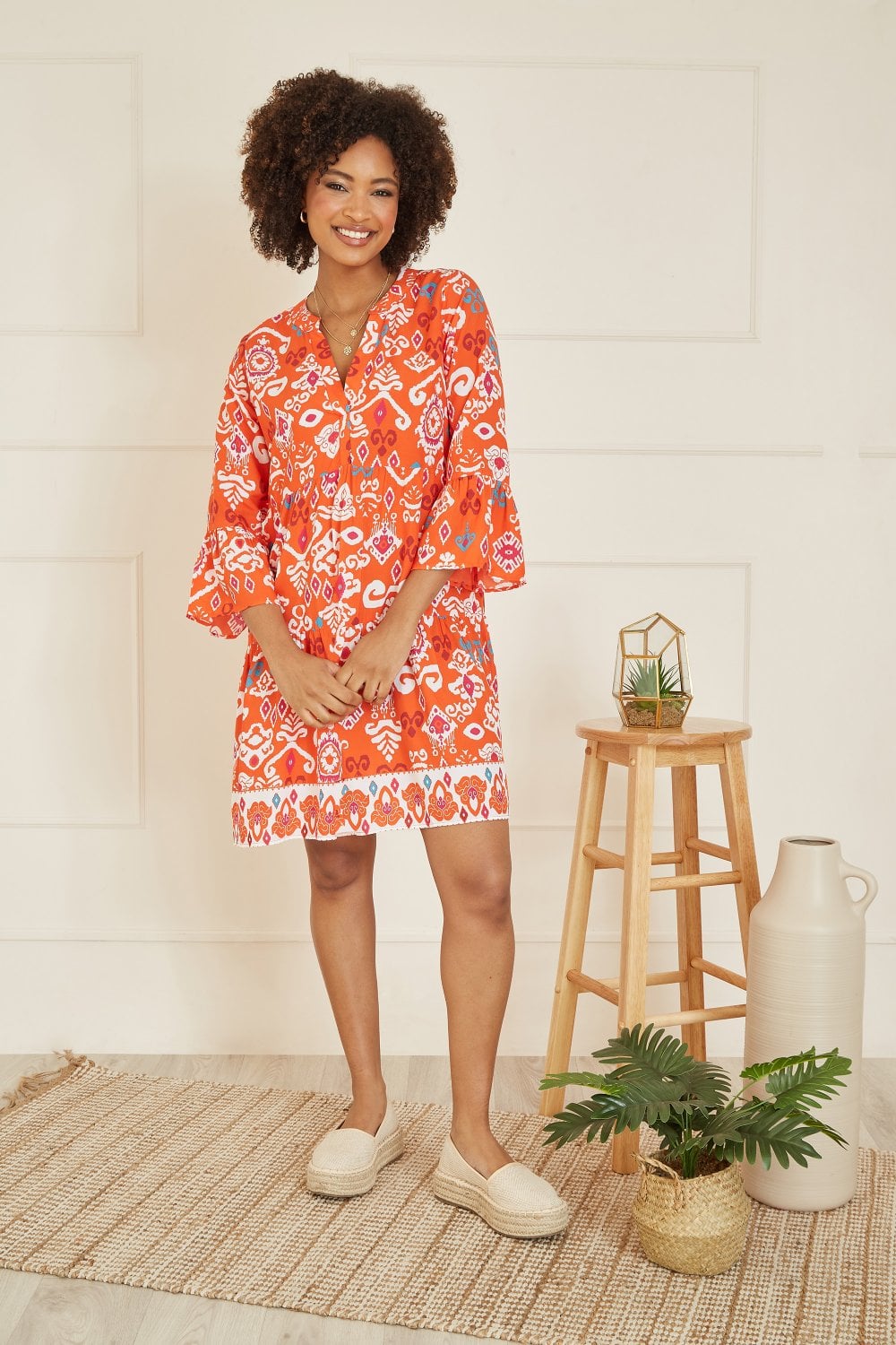 Yumi Orange Ikat Print 3/4 Sleeve Tunic Dress