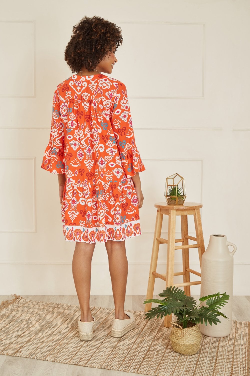 Yumi Orange Ikat Print 3/4 Sleeve Tunic Dress