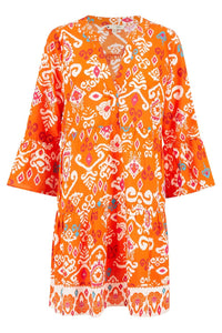 Yumi Orange Ikat Print 3/4 Sleeve Tunic Dress