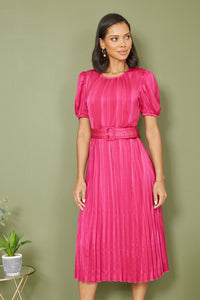 Yumi Pink Satin Striped Midi Dress With Pleats and Matching Belt