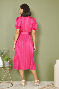 Yumi Pink Satin Striped Midi Dress With Pleats and Matching Belt