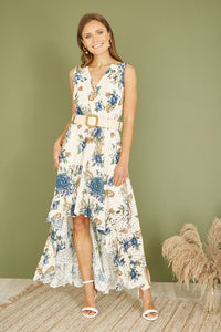 Yumi Premium Ivory Floral Print Broderie Anglaise Cotton Dip Hem Midaxi Dress