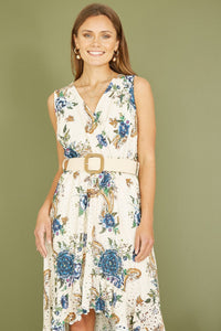Yumi Premium Ivory Floral Print Broderie Anglaise Cotton Dip Hem Midaxi Dress