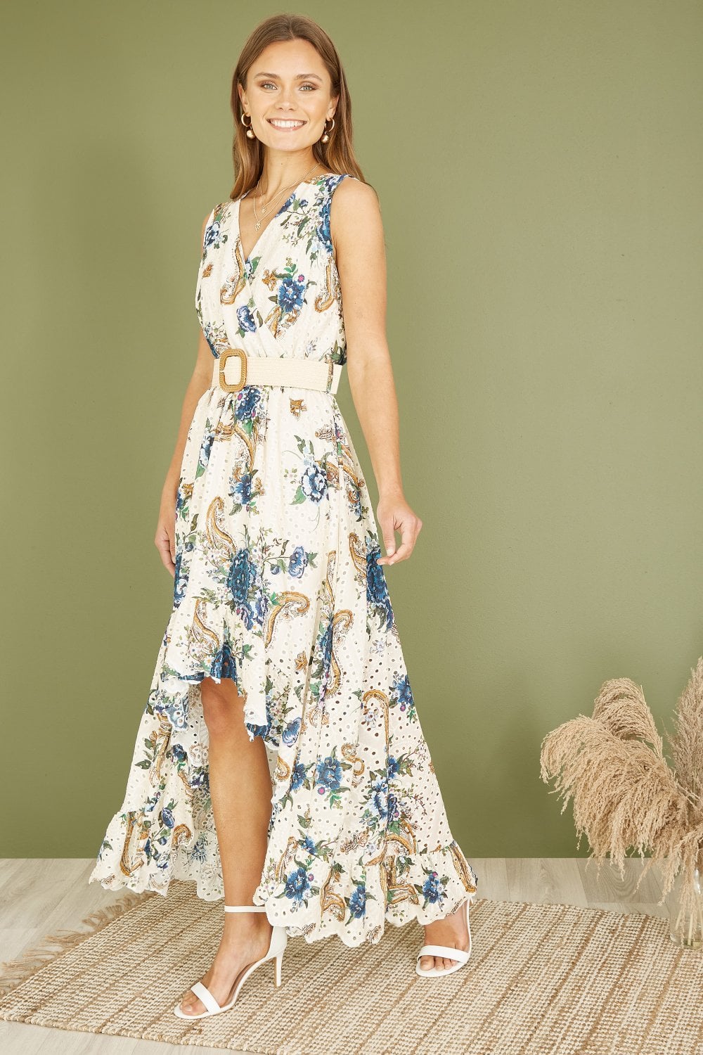 Yumi Premium Ivory Floral Print Broderie Anglaise Cotton Dip Hem Midaxi Dress