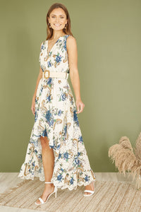 Yumi Premium Ivory Floral Print Broderie Anglaise Cotton Dip Hem Midaxi Dress