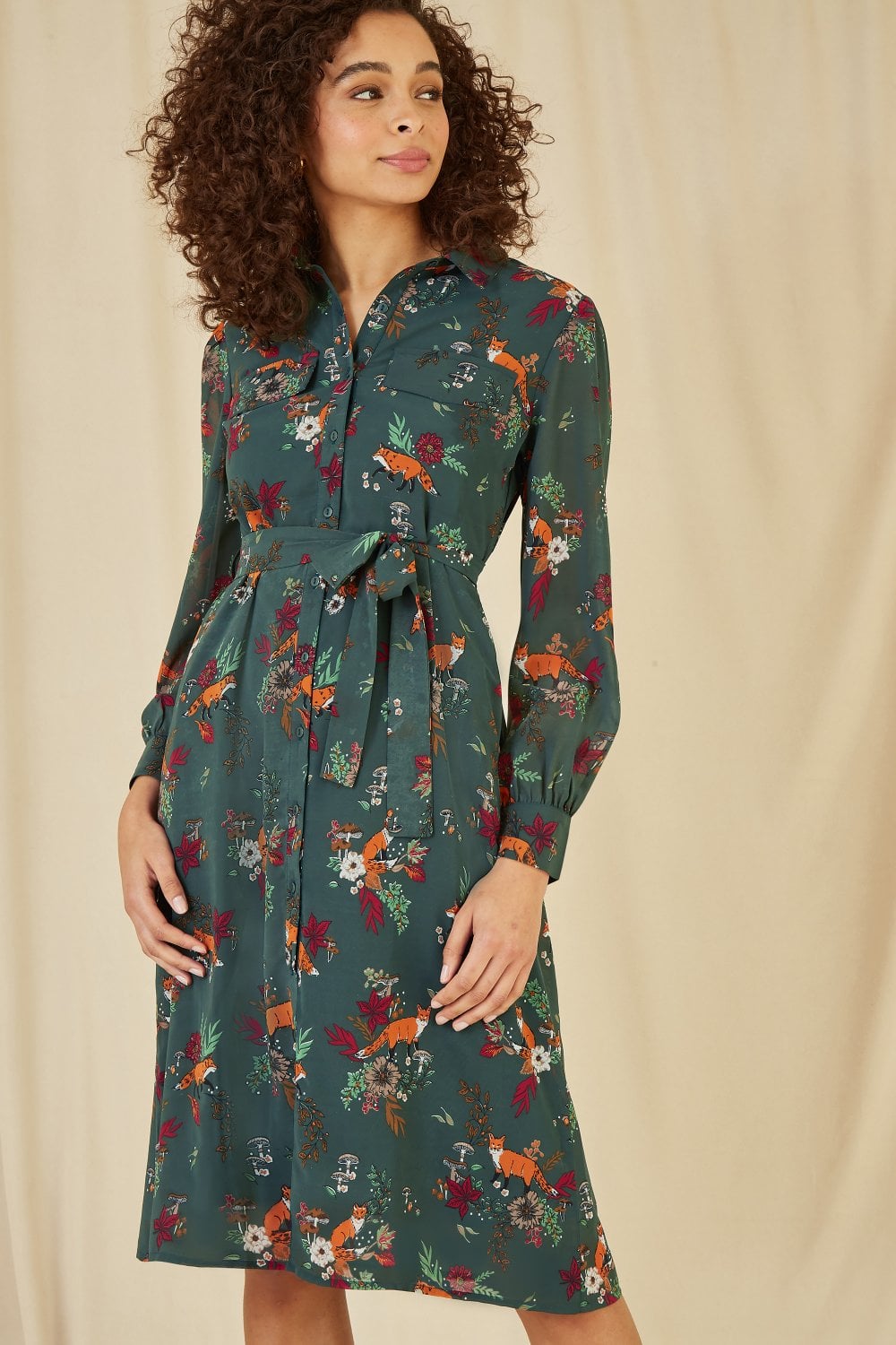 Yumi Recycled Green Fox Print Shirt Midi Dress
