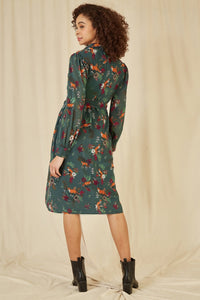 Yumi Recycled Green Fox Print Shirt Midi Dress