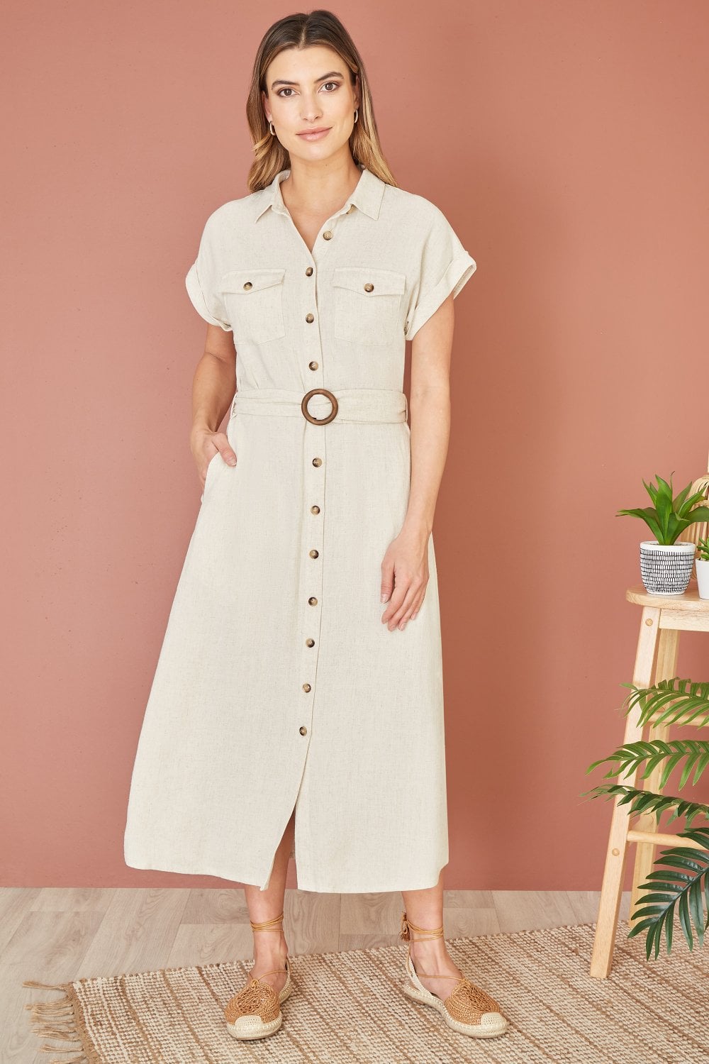 Yumi Stone Viscose Linen Look Midi Shirt Dress with Belt