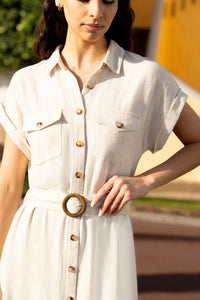 Yumi Stone Viscose Linen Look Midi Shirt Dress with Belt