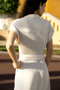 Yumi Stone Viscose Linen Look Midi Shirt Dress with Belt