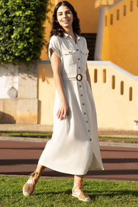 Yumi Stone Viscose Linen Look Midi Shirt Dress with Belt