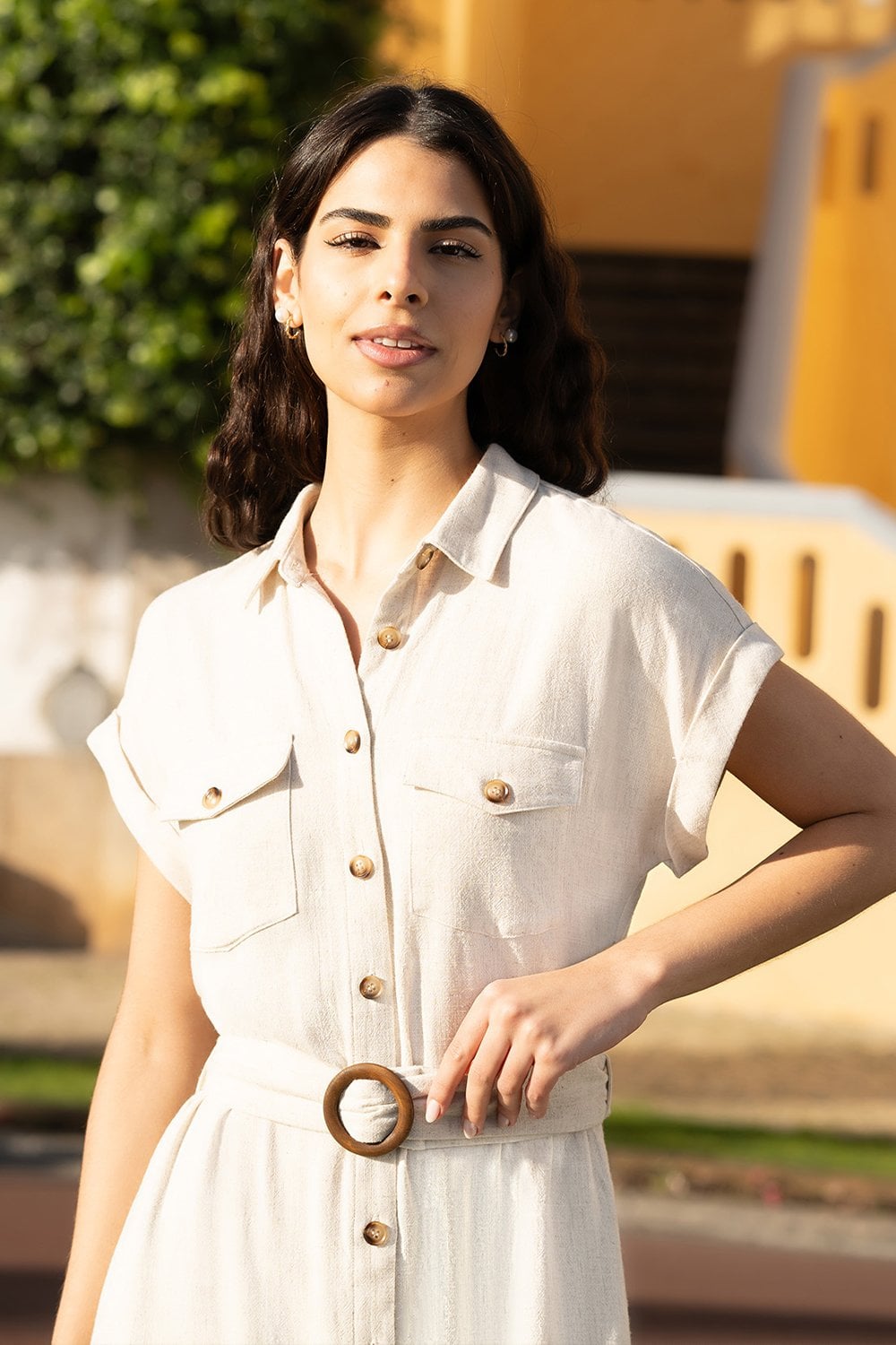 Yumi Stone Viscose Linen Look Midi Shirt Dress With Wooden Belt