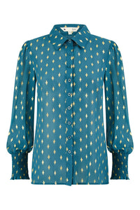 Yumi Teal Diamond Foil Print Top With Ruched Cuff
