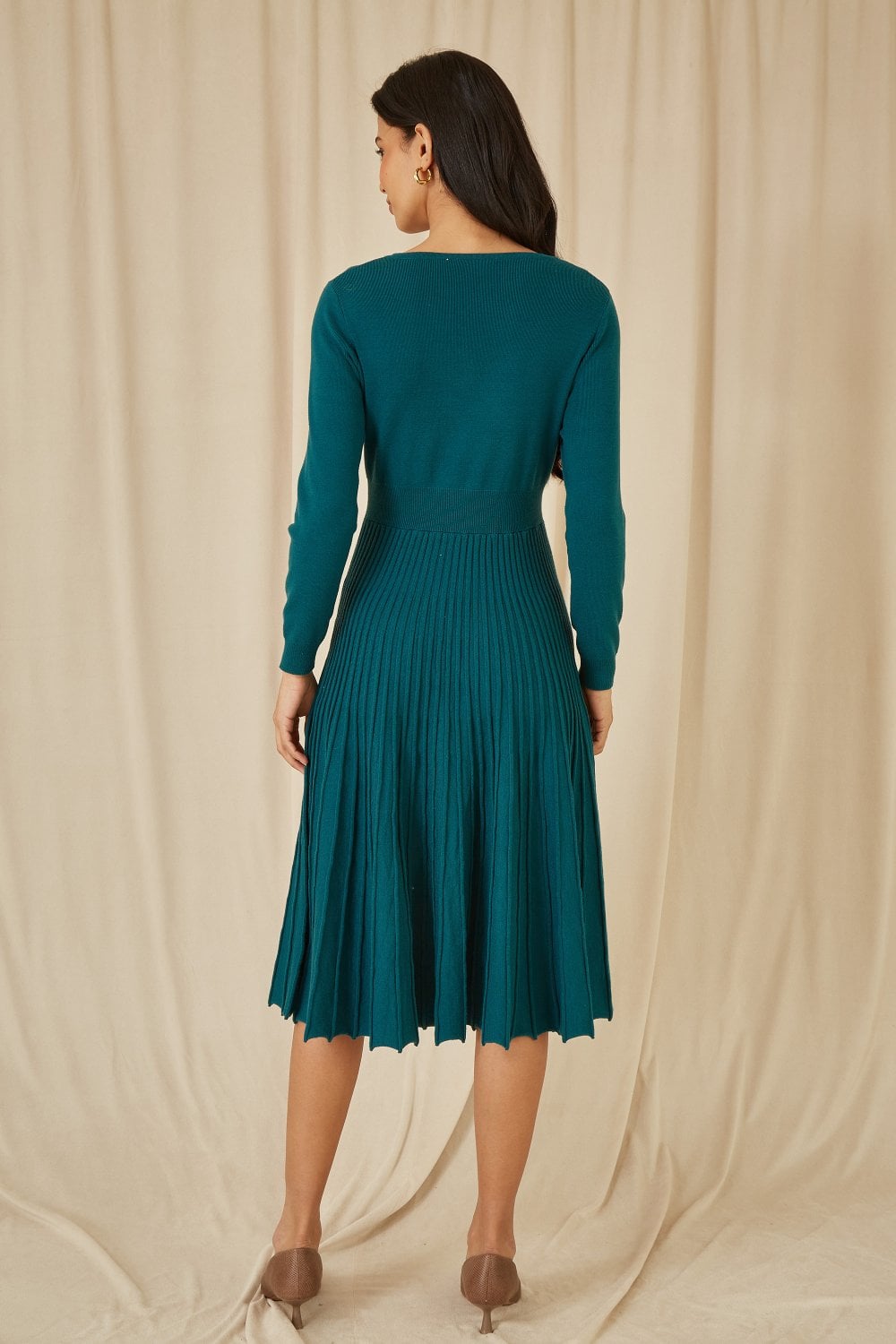 Yumi Teal Knitted Pleated Skater Dress With Notch Neckline