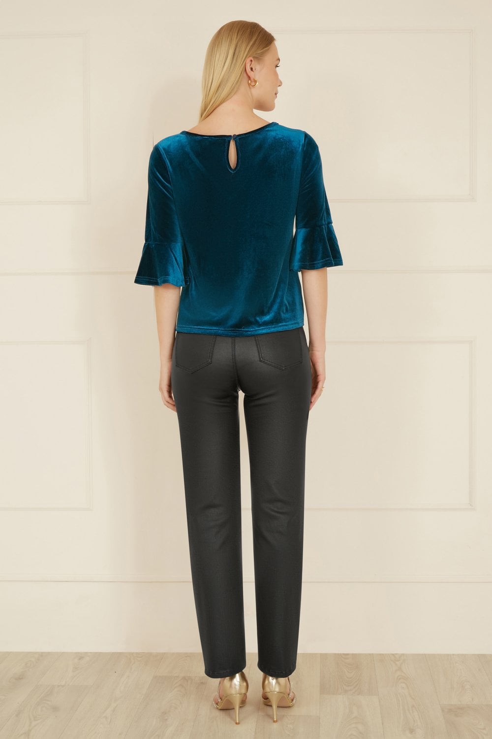 Yumi Teal Velvet Relaxed Fit Top With Fluted Sleeves