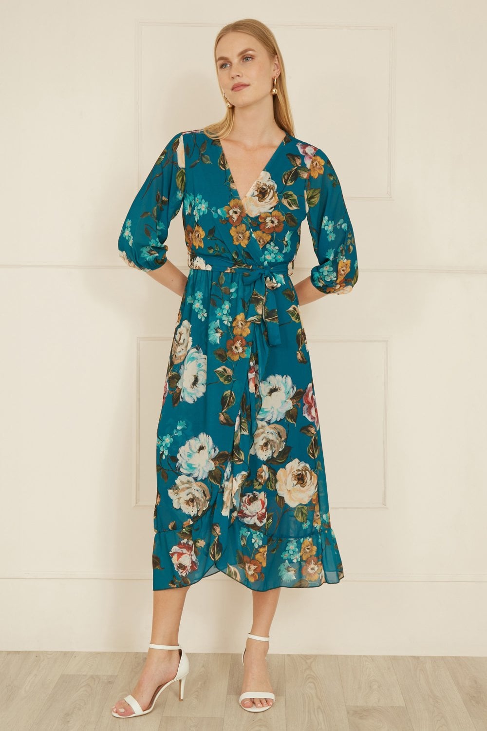 Yumi Teal Watercolour Dip Hem Midi Wrap Dress