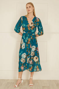 Yumi Teal Watercolour Dip Hem Midi Wrap Dress