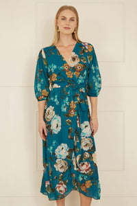 Yumi Teal Watercolour Dip Hem Midi Wrap Dress