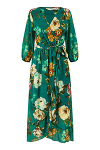 Yumi Teal Watercolour Dip Hem Midi Wrap Dress