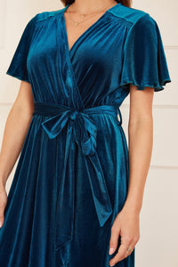 Yumi Teal Wrap Over Midi Dress With Angel Sleeves and Split Hem