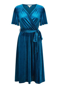 Yumi Teal Wrap Over Midi Dress With Angel Sleeves and Split Hem