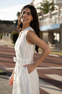 Yumi White Flower Broderie Anglaise Cotton Shirt Dress