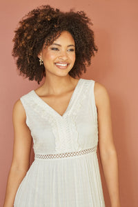Yumi White Lace And Dobby Cotton Midi Sundress Dress