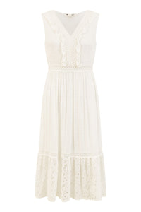 Yumi White Lace And Dobby Cotton Midi Sundress Dress